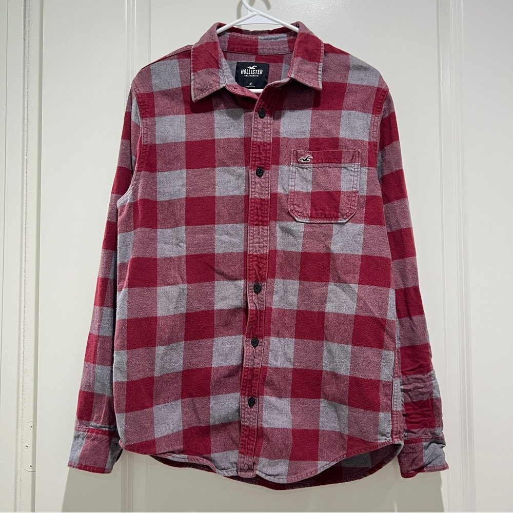 Hollister gray red Flannel Plaid Button Down Mens Shirt 100% Cotton Size M